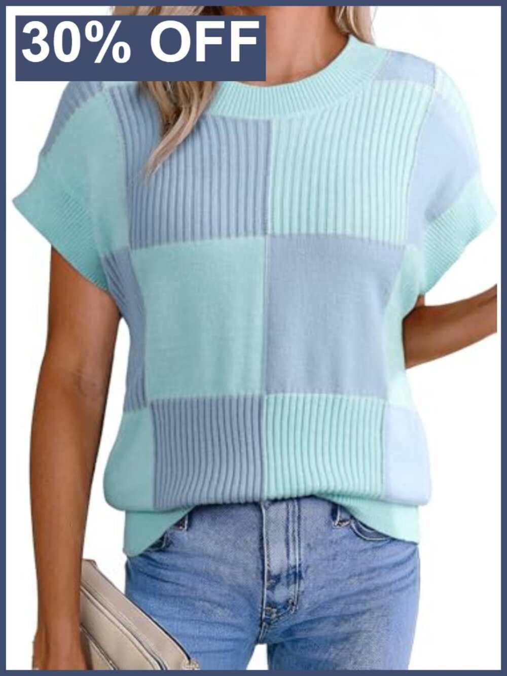 Short Sleeve Sweater Womens Color Block Checkered Knit Tank Top